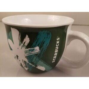 Starbucks Abstract Art Coffee Mug Cup 2014 Green White Teal Flower 14 oz Coffee